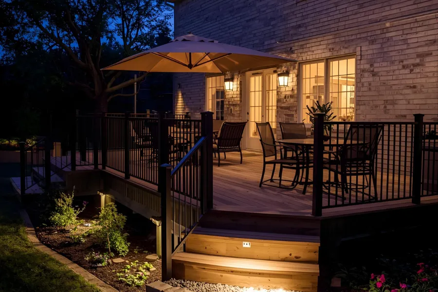 Custom front porch in Sussex WI with railings steps lighting and inviting curb appeal