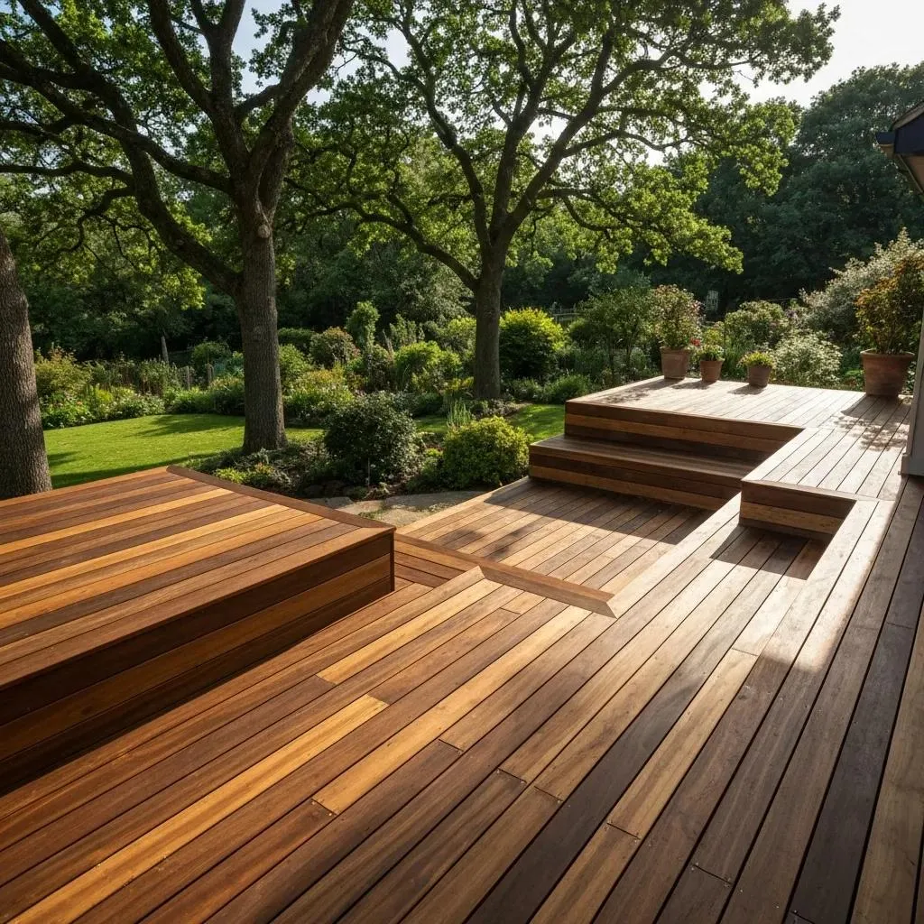 Deck replacement Sussex WI with composite and wood materials in a backyard garden near Pewaukee